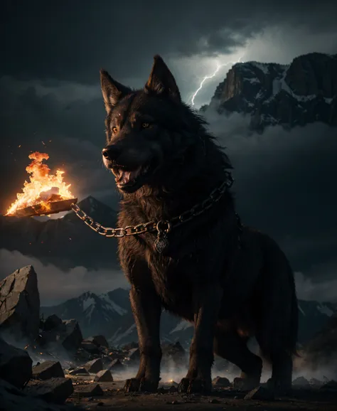 Giant wolf Fenrir, protruding from the mountains, fire emanates from its mouth, on its legs it has broken shackles with chains hanging, red eyes, angry, anger, realistic illustration, 4K, detail, apocalyptic, lightning, darkened sky, dark magic