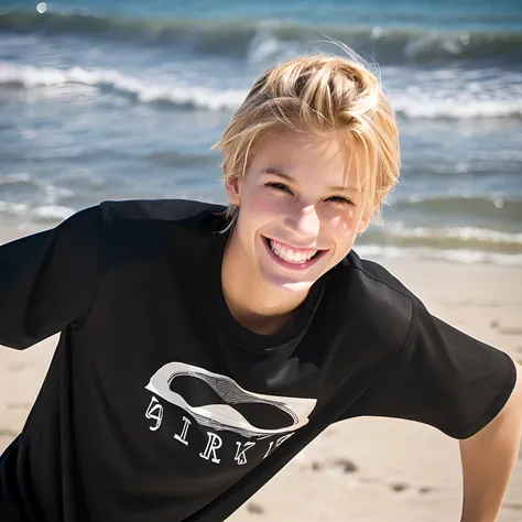 a black T-shirt　a blond　skater　 Smiling smile　the beach