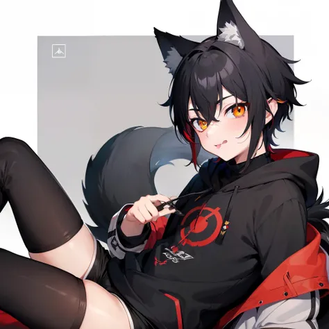 masterpiece, best quality, anime, Sora, ((Boy)), cute, Turtleneck with white stripes, Hoodie off-shoulder,. Sideview, ((Red and Grey eyes, pupil on the red Eye in yellow shaped like a Radiation emblem)), ((Black Wolf tail and ears)), Cute expression, Black...