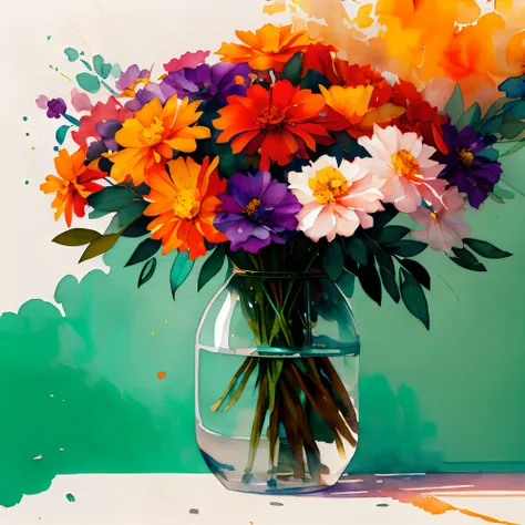 wtrcolor style, Digital art of one vase with flowers, mainly marigolds, use a high variety of flowers, a lot of different flowers, official art, masterpiece, Beautiful, ((watercolor)), paint splatter, intricate details. Highly detailed, detailed, [dripping...