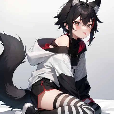 masterpiece, best quality, anime, Sora, ((Boy)), cute, Turtleneck with white stripes, Hoodie off-shoulder,. Sideview, ((Red and Grey eyes)), ((Black Wolf tail and ears)), ((Really fluffy tail)) Cute expression, Black and white Sport-Shorts with Thigh Highs...