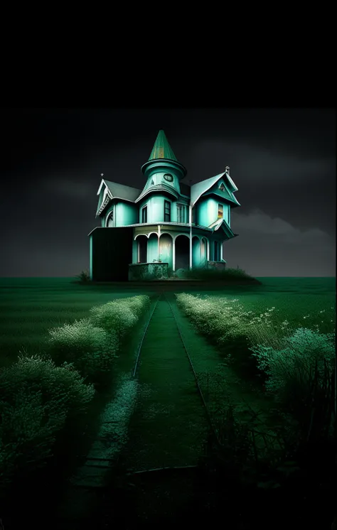 imagem arafed de uma casa em um campo com um brilho verde, haunted house, spooky mansion, horror setting, fundo da casa, location of a dark old house, casa no fundo, scifi horror scenario, casa em uma colina, haunted house themed, mansion, gothic mansion, ...