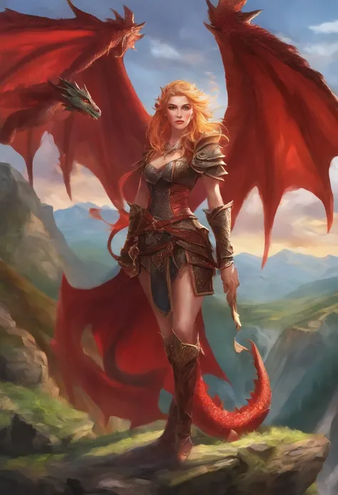 mulher loira de beleza deslumbrante, cabelos encaracolados que caem em cascata pelos ombros imponente armadura negra adornada com detalhes de metal polido, Riding a majestic red dragon,