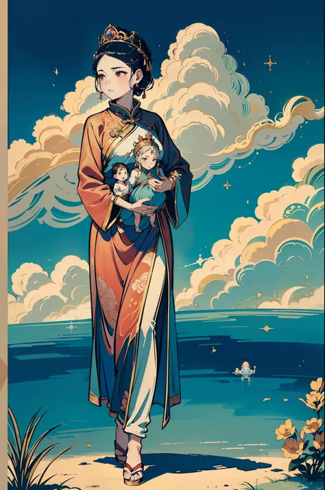 The beautiful 16-year-old Chinese queen holds a (baby prince:1.5) wearing shavings in her arms, Walking, Straight eyes, radiating a brilliant aura, Rosary handle, Crown Team, (Systemic: 2.0), Stand in the cloud, our lady, (full body: 2.0)