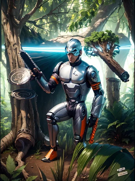 masterpiece, high quality images, high detailed images, perfect images, perfect faces, Realistic drawing of an oriental man with a gleaming steel armor , Gleaming steel helmet with a transparent orange visor, Chainsaws for hands, Cyborg cutting down trees ...