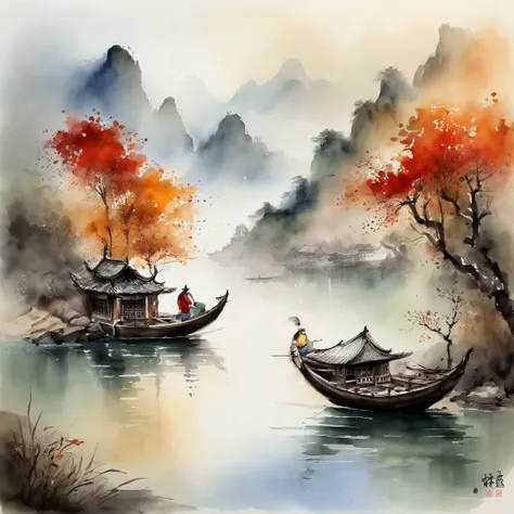 Chinese landscape painting，ink and watercolor painting，Faraway view，Ultra-wide viewing angle，Meticulous，Pavilions，Delicate，fishing boat，