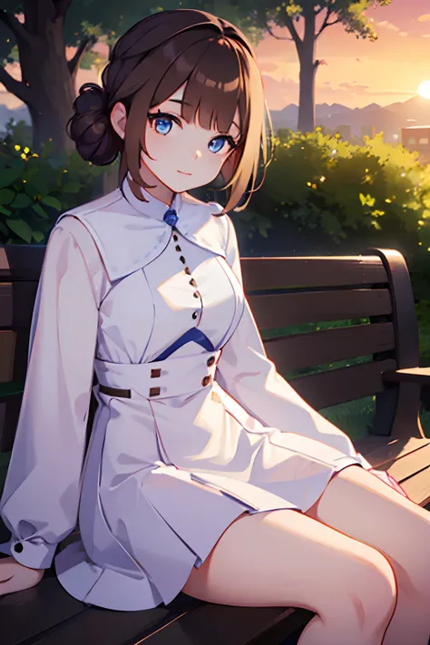 Young woman, white dress, sitting on bench, long light brown hair, blue eyes, sunrise