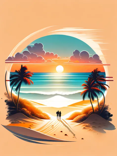 Sunset on the beach, white sand, epic composition, t-shirt design, rzminjourney, vector art