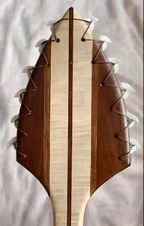 there is a wooden paddle with a white stripe on it, macuahuitl, lute, cursed baroque with ebony inlay, back arched, alembic, neck zoomed in, guitar shape build, traditional, back facing, spines, arched back, with detailed wood, sharp spines, bass wood, ama...