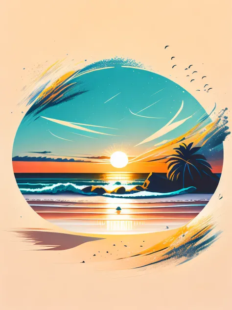 Sunset on the beach, white sand, epic composition, t-shirt design, rzminjourney, vector art