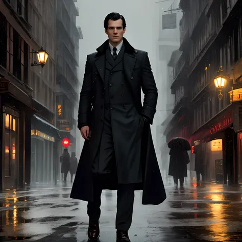 Sherlock homes played by Henry Cavill, (masterpiece,best quality: 1.2), ultra-detailed face, (muted colours:1.2, dark studio, rim lighting, two tone lighting, dimly lit, low key,  ), ((heavy rain weather)),long leather rain coat,
 a poster for a 1930s (sty...