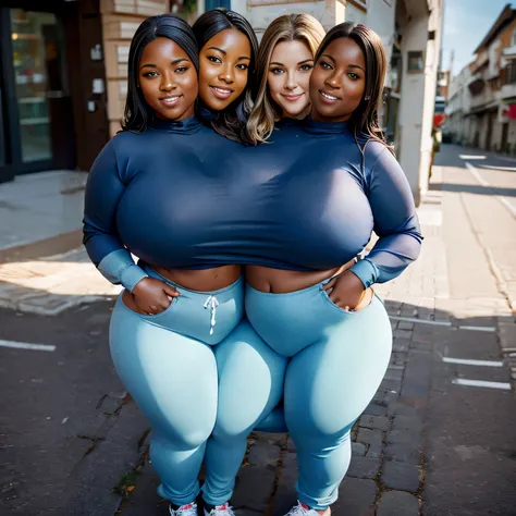 (((2heads))), a couple of woman standing side by side, (big bulge),chubby, very feminine and beautiful face, no facial hair, no body hair, tight sweatpants, beautiful shiny straight black hair, african, dark skin, dark blue eyes,at a street,, massive big b...