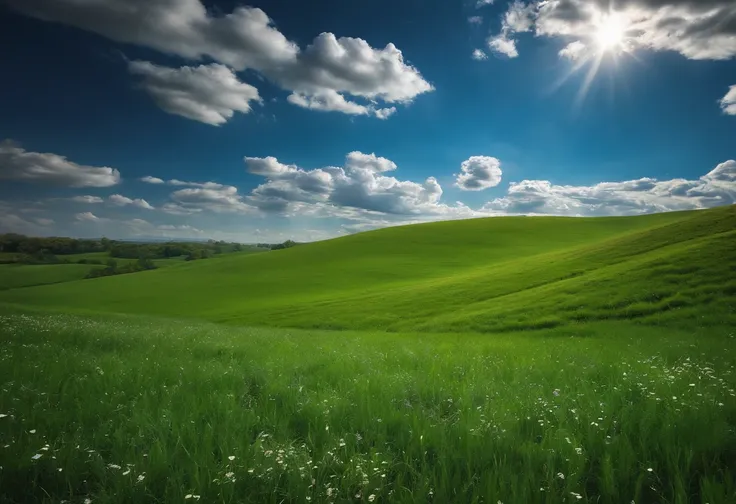 blue sky white clud free fild res sun green grass