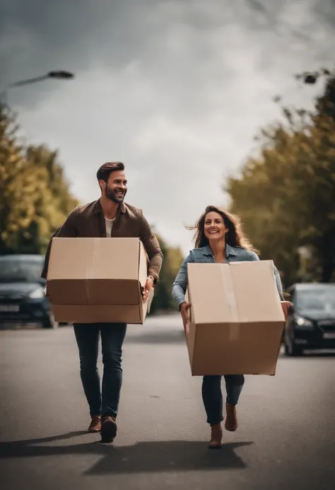 Create an image with happy people carrying moving boxes