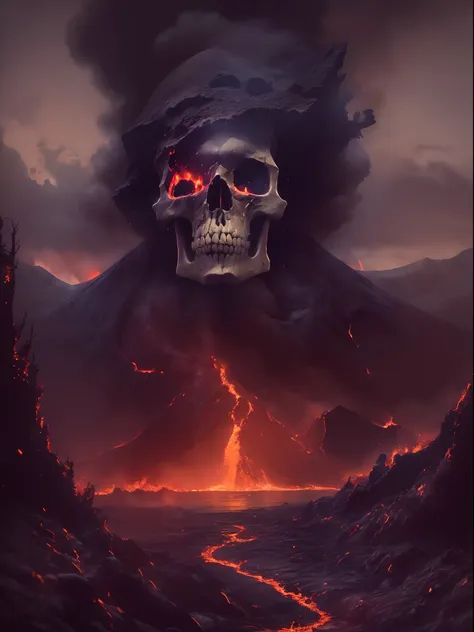 ((best quality)) , ((masterpiece)) , (detailed) , landscape of screaming particles (burning skull-shaped volcano:1.3) ,(molten l...