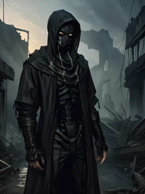 a man in a black raincoat on the background of a ruined city. a man has a skeleton instead of a body, he wears a black mask and ...