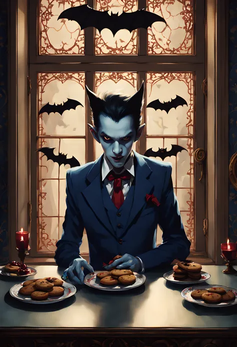 sitting 1boy pale (handsome vampire:1.2), blue suit, eating a cookie, (a plate of cookies in the shape of bats:1.2), (fangs:1.3), gothic mansion room, (cherry ornate), (lighting behind the window), (looking at the viewer:1.5), cherry