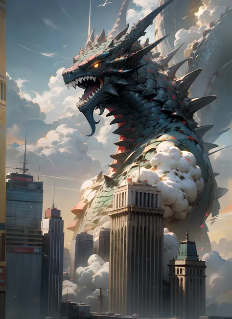 Lagarto gigante en las nubes sobre una ciudad por la noche, Giant kaiju dragon monster, A dragon made of clouds, Pintura digital Godrays, Retrato de Godzilla, Kaiju soaring over New York, Wojtek FUS, Retrato del personaje de Godzilla, Kaiju, Arte conceptua...