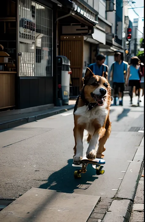 a dog skateboarding in Tokyo