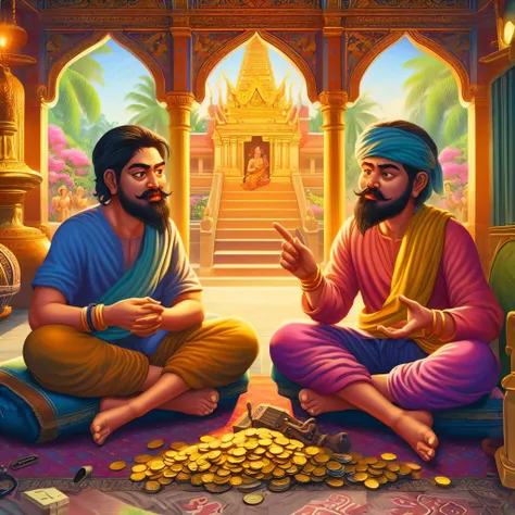 two men sitting on the ground with coins in front of them, by Daryush Shokof, temple background, ghutra and egal, game illustration, a beautiful artwork illustration, sitting on a pile of gold coins, by Max Dauthendey, fleeing merchants, hindu aesthetic, b...