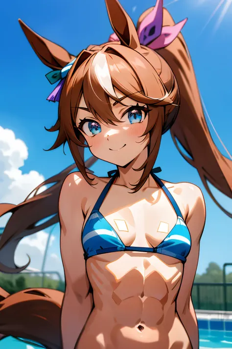 tokai teio \(umamusume\), ((ultra-detailed eyes)), (((bikini))), masterpiece, best quality, (abs), muscular body, tiny breasts, ...