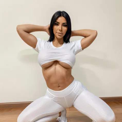 A Realistic photo of a kim kardashian in yoga class, sports costume, wearing white sports fabric yoga pants and white sports fabric t-shirt, photographed from side, on her knees (realistic skin:1.3), (textured skin:1.3), (large breasts:1.2), (perfect teeth...