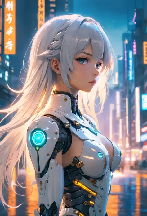 steampunk, night, a beautiful full body cyborg girl cyberpunk with a cyberpunk scape tall buildings, lots glow light bokeh, lots big glow light, long shot photography, full body, white hair, cyber mask, cyber angel, white and orange and black machine suit ...