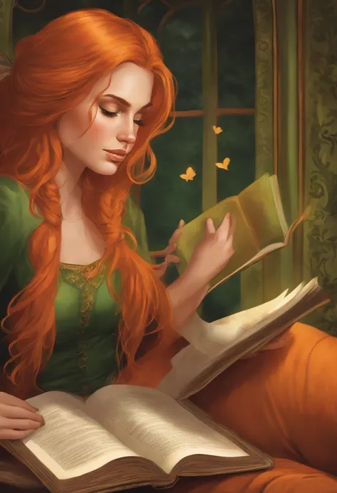 Marvel panel comic, european girl with orange long hair and tails reading a book. Girl has green eyes and hearts on her cheeks.