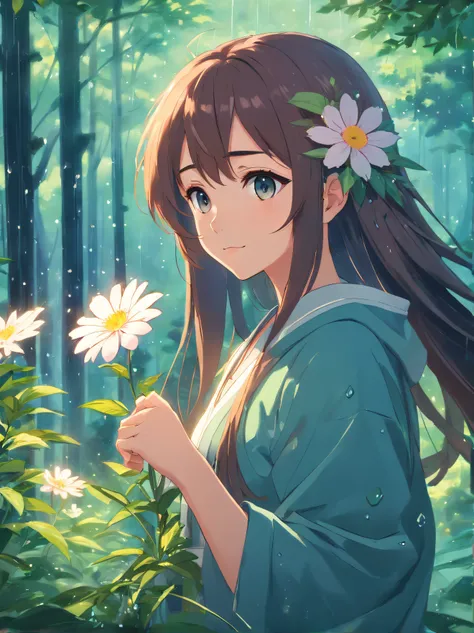 anime girl with long hair and flower in her hair, Beautiful anime artwork, style of anime4 K, Anime art wallpaper 4k,Rainy days，janelas，the woods，Rain drops