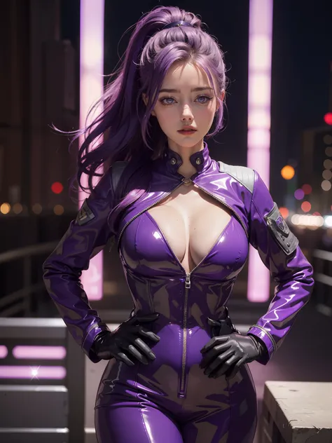 (1 lady), amber heard, beautiful face, purple hair, big boobs,perfect body shape, wearing latex gloves, (purple  dress +long sleeves, purple trousers, purple leather Jacket ),  (pantyhose:0.9), Canon EOS R, deep bokeh, 80mm lens, night city, London Bridge,...