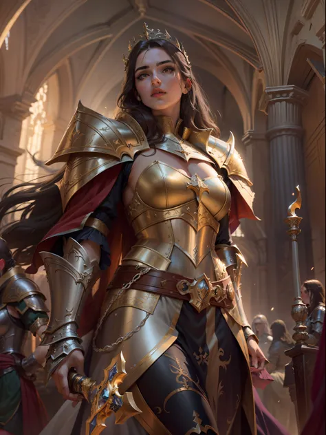 Look from the bottom up，low  angle shot，Highly detailed portrait of Paladin Guinevere，Wear armor，shelmet，epee，big sword，Cross sword，sword，Silvertone，holy rays，god light，medieval times，Noble，setia，Servant of Jesus，Solemn，Gold accents，epic fantasy digital ar...