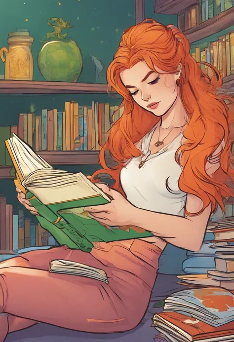 Marvel panel comic, european girl with orange long hair and ponytails reading a book. Girl has green eyes and stickers-hearts on her cheeks.