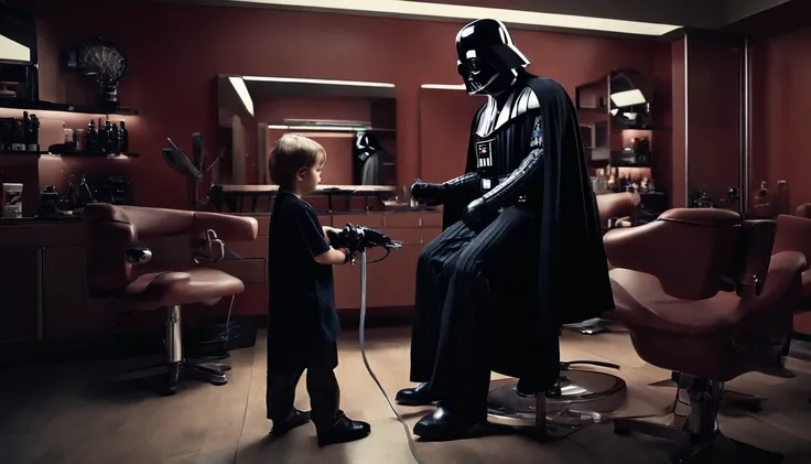 "(Darth Vader cutting a childs hair in a hair salon) With incredible detail, qualidade excepcional, unique atmosphere, lighting dramatic, Sombras realistas, striking expressions, Atmosfera futurista, dramatic contrasts, Efeitos especiais impressionantes, a...