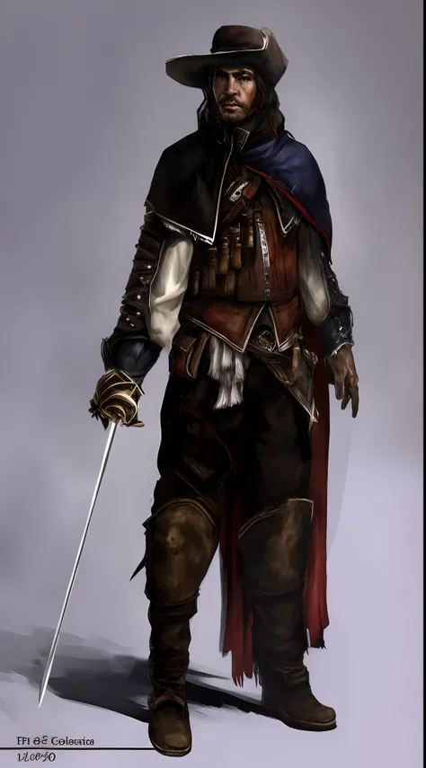 a man in a hat and a cape holding a sword, rpg concept art character, rpg character concept art, epic exquisite character art, video game character art, female assassin, rpg character art, wearing leather assassin armor, portrait ezio auditore as female, s...