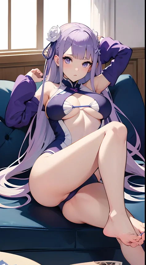 draw the anime character Emilia from Re:Zero. Emilia is lying down on a sofa with her arms upwards. Emilia is wearing a monokini swimsuit. Emilia is looking at the viewer. Emilia has white long hair, purple eyes, and bare foot