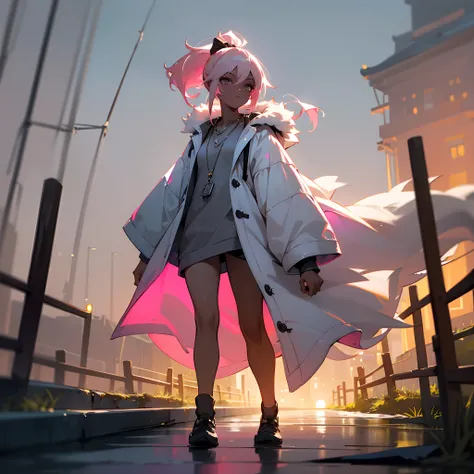 1female, teen, dark skin, pale blonde low ponytail with pink highlights, finely detailed grey eyes, loose casual clothes, jacket with oversized fur hood, necklace, best lighting and shadows, night time fishing village, walking down a path,