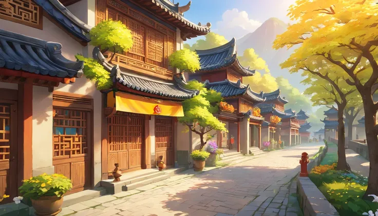 (A street of the Han Dynasty, China)，Ancient architecture of the Han Dynasty, It is vividly depicted in the work (Best quality, 8K, Advanced resolution, Masterpiece: 1.2), With ultra-detailed detail (1.4x realism, Photorealistic: 1.37). This street is made...