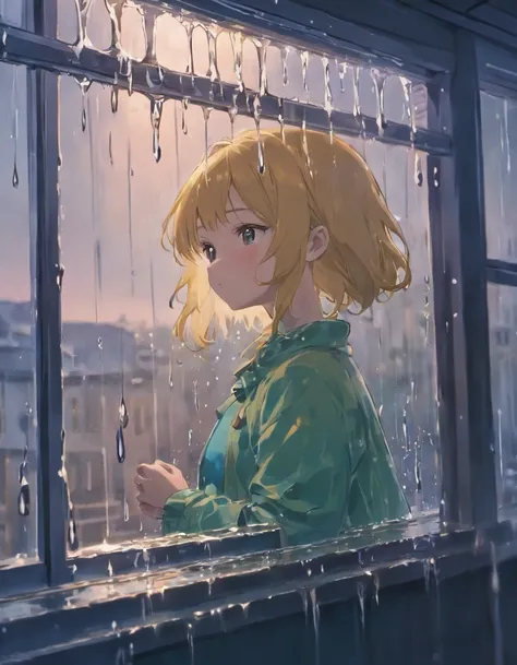 (best quality, realistic, highres:1.2),raindrops falling on the window,window with water droplets,realistic rain,beautiful window scenery,blurry background through the window,soft natural light,realistic rain effect,gentle rain sounds,water streaming down ...