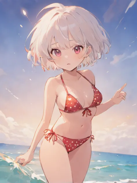 1girl, white short hair, wearing red bikini with white dots, beach, high res, 8k, masterpiece, looking right way