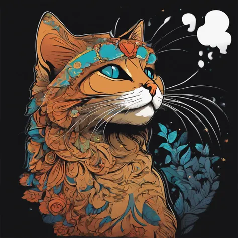 Imagine Prompt: ((Illustration of cat and sticker isolated on black background)), Bold outline style, Light Shadow - V 6.0、((Farbe々In color))