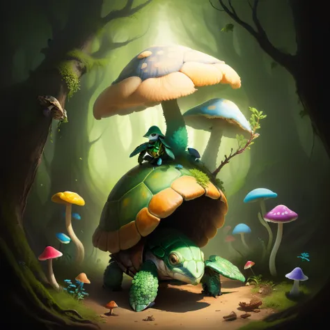 a humanoid turtle with mushrooms and spores growing out of its shell carrying a staff