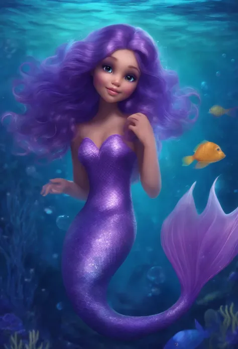 Cute purple mermaid girl underwater