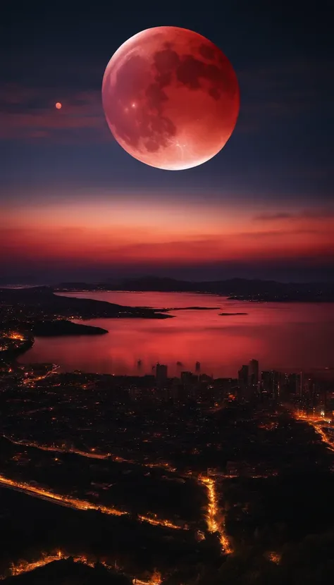 Dark night over the city, Red Moon, Red Moon with Energy Flow, Energy tides, Bad premonitions, scenery, Dont be human, There is energy flow, Highly realistic, 4K, Chiaroscuro, Ultra-high detail awaits the start