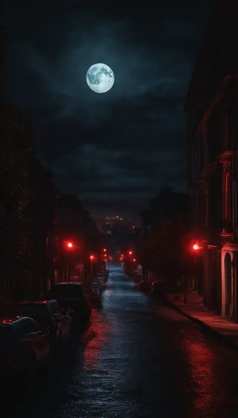 Dark night over the city, Red Moon, Red Moon with Energy Flow, Energy tides, Bad premonitions, scenery, Dont be human, There is energy flow, Highly realistic, 4K, Chiaroscuro, Ultra-high detail awaits the start