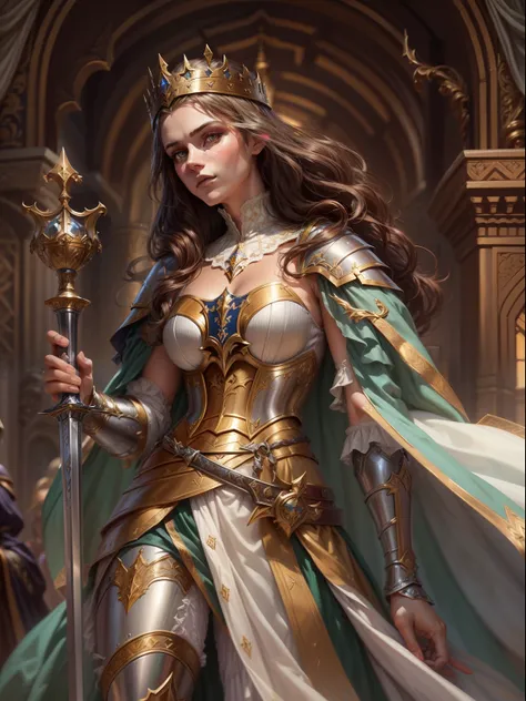 Look from the bottom up，low  angle shot，Highly detailed portrait of Paladin Guinevere，Wear armor，shelmet，epee，big sword，Cross sword，sword，Silvertone，holy rays，god light，medieval times，Noble，setia，Servant of Jesus，Solemn，Gold accents，epic fantasy digital ar...