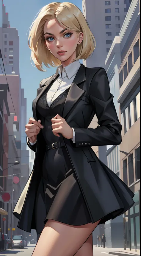 gwen stacy in modern short frock coat, modern school skirt and longer dress, modern fashion, black short frock coat fashion, bea...