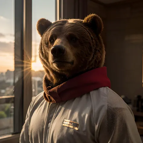 "Epic 1x1 image of an anthropomorphic Grizzly bear, macho, retrato em close-up. The bear is wearing an olive-colored onesie, uma jaqueta cropped, a grey windbreaker and a red scarf. Ele segura uma caneca com cerveja em sua pata esquerda e uma bandeira trem...