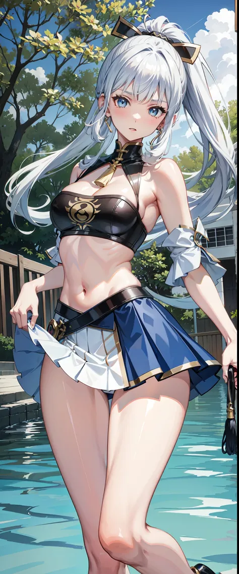 Blue eyes, white hair, long hair, ponytail, slim legs, cleavage, slim waist, narrow waist, pool, happy, navel, kamisato Ayaka, slender body, skirt, under boob