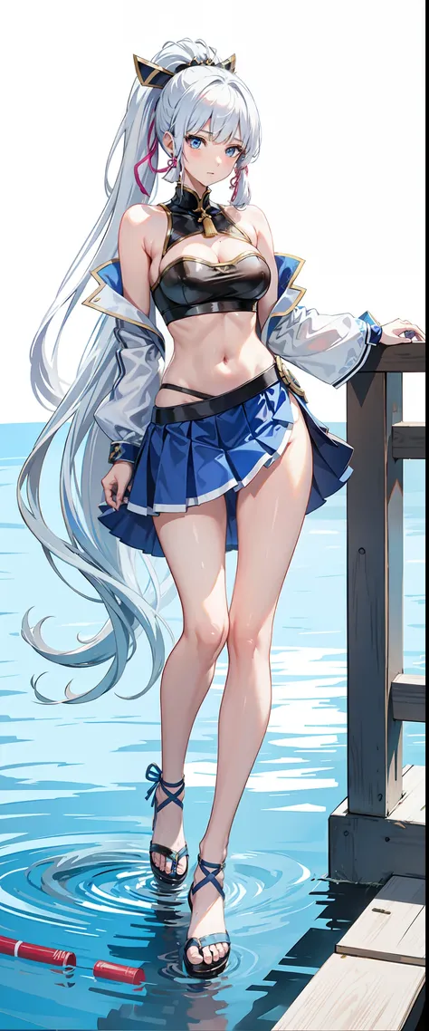 Blue eyes, white hair, long hair, ponytail, slim legs, cleavage, slim waist, narrow waist, pool, happy, navel, kamisato Ayaka, slender body, skirt, under boob