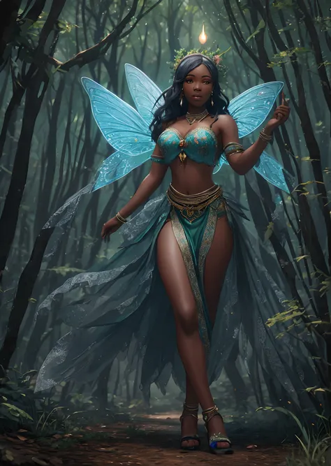 full body shot of African woman in a fairy forest full of black elves, tiny fairy angels flying, mystical forest with fairy dust in air shining, with iridescent light, 32k, ultra HD, unreal engine rendered, cinematic lighting, artgerm style, cgsociety 9, d...